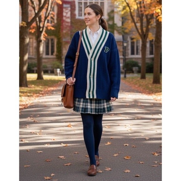 VS PINK Varsity Cardigan Collegiate CableKnit Oversized Ivy League Old Money Lg - Picture 2 of 11